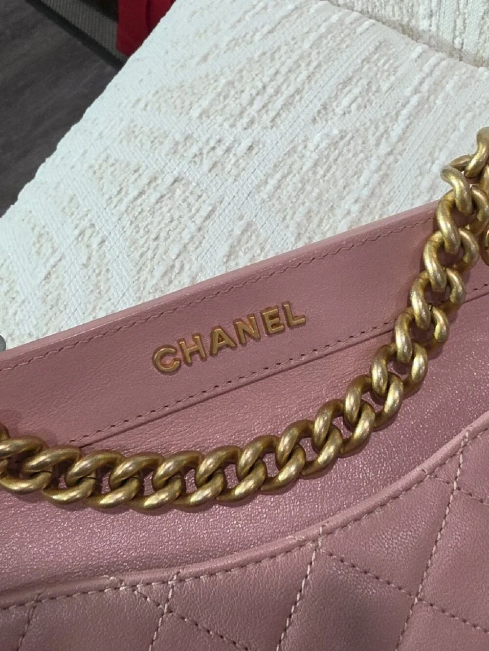 CHANEL Pink Quilted Leather Shoulder Bag with Gold Chain and CC Lock